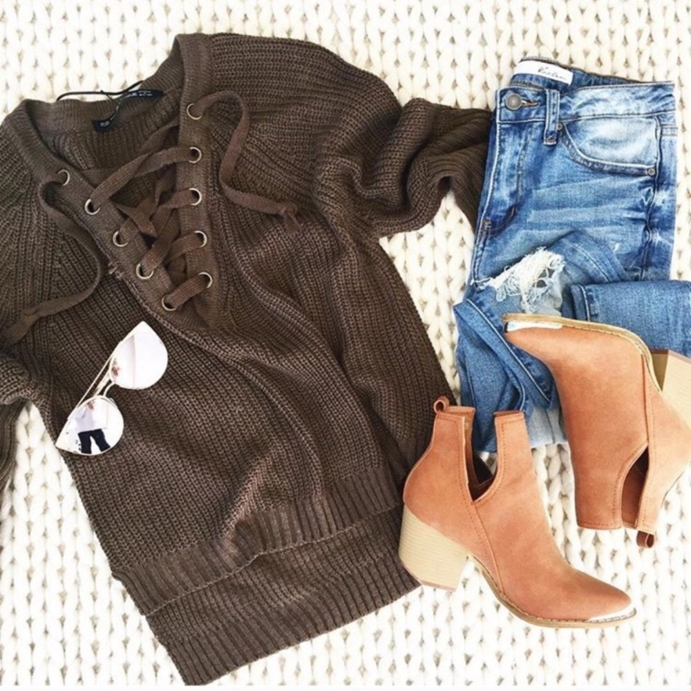 Brown Lace-Up Chunky Sweater - Picture 2 of 6